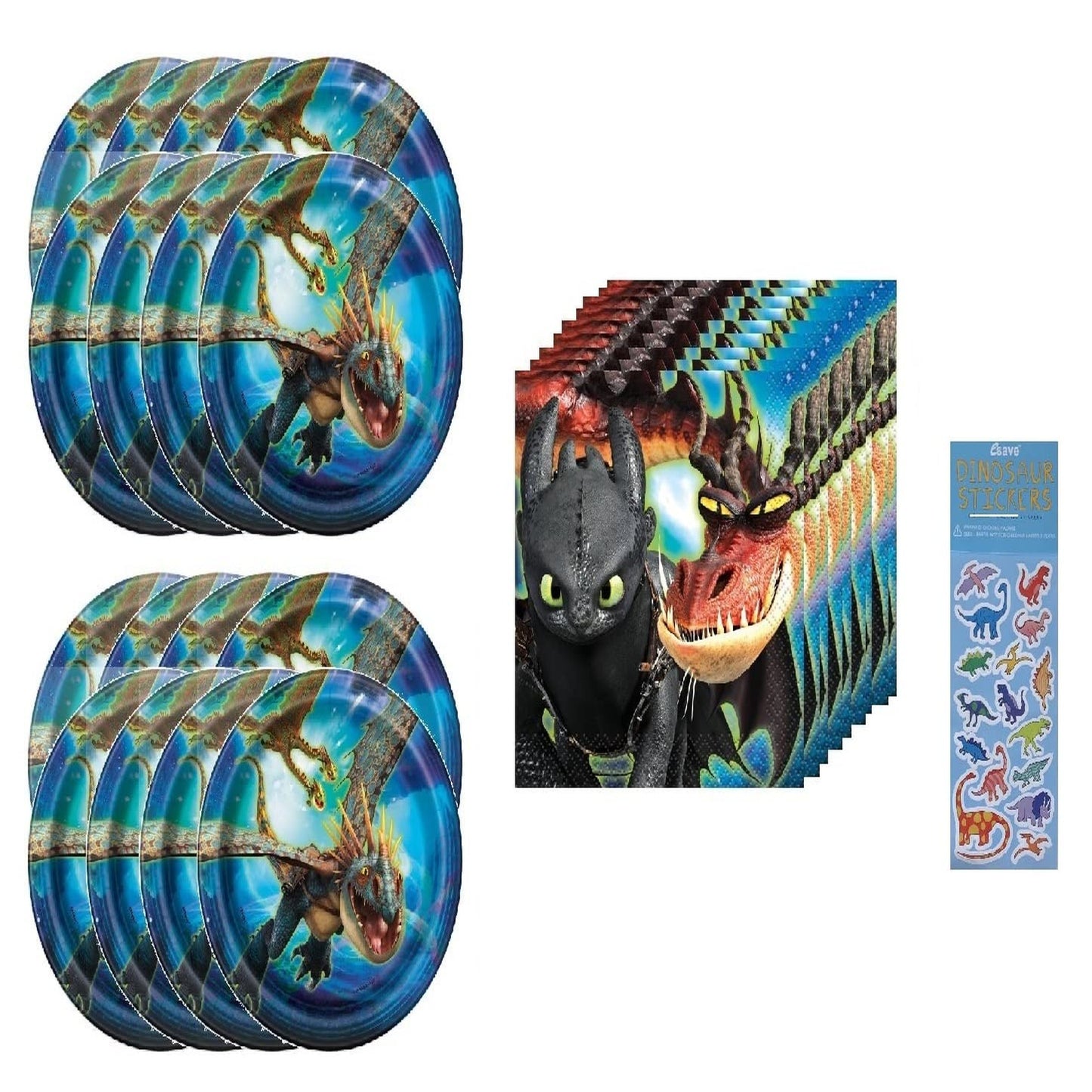 Dragon Party Pack: 16 Cake Plates, 16 Napkins, 1 Dino Sticker Sheet - Perfect for How to Train Your Dragon Birthday Celebration!