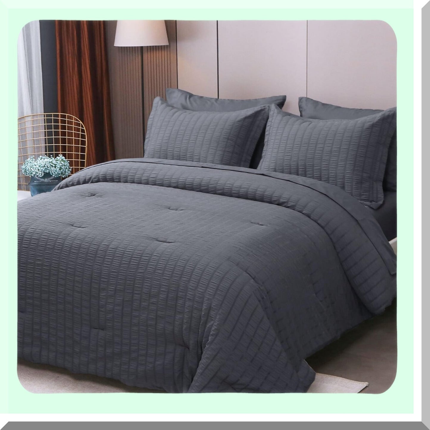 Luxury Seersucker Comforter Set - 7 Piece Bedding Bundle for Bedroom - All Season Bed in a Bag - Dark Grey Sheets, Pillowcases, Shams - Size Comforter