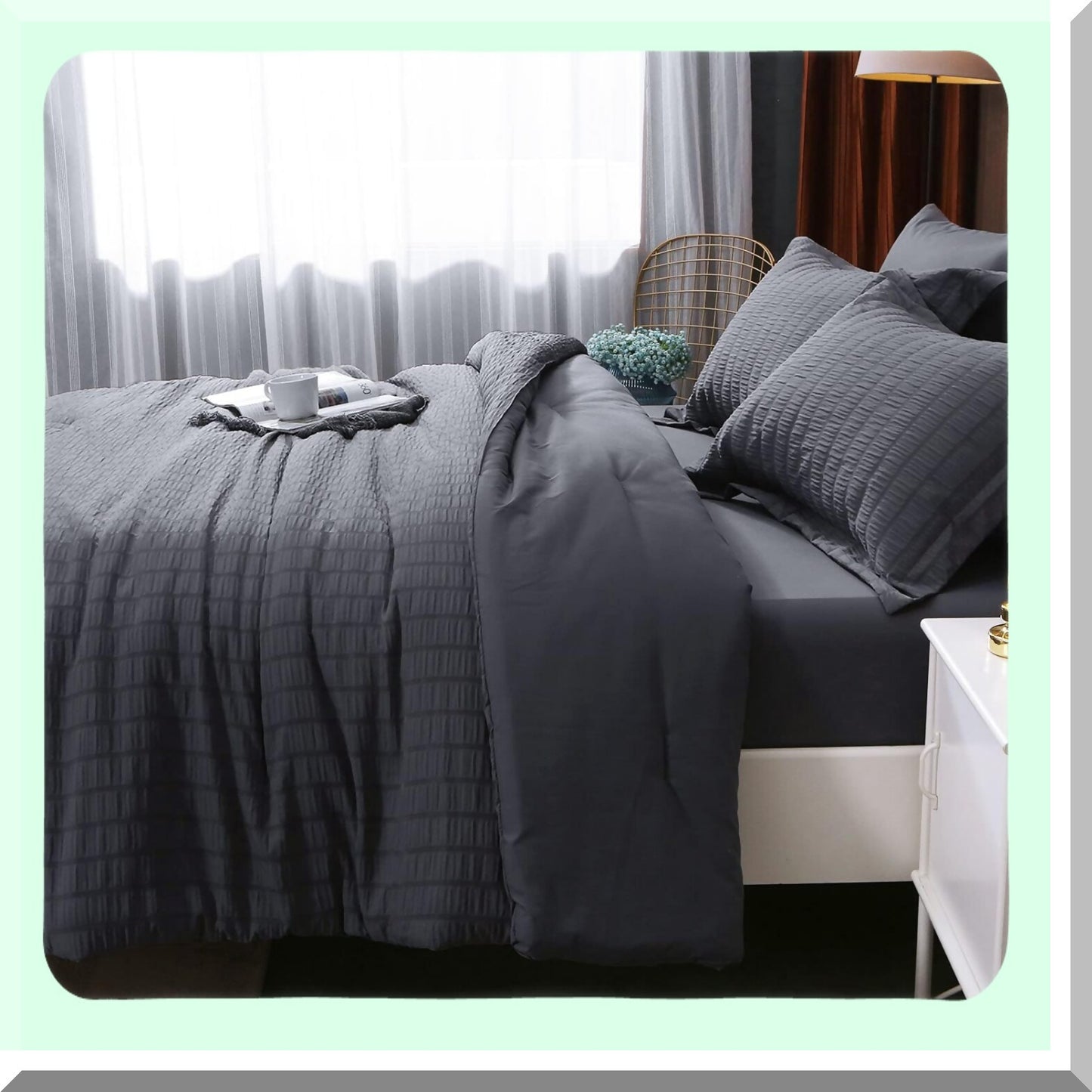 Luxury Seersucker Comforter Set - 7 Piece Bedding Bundle for Bedroom - All Season Bed in a Bag - Dark Grey Sheets, Pillowcases, Shams - Size Comforter