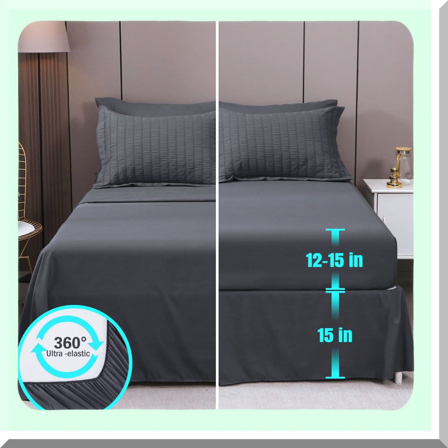 Luxury Seersucker Comforter Set - 7 Piece Bedding Bundle for Bedroom - All Season Bed in a Bag - Dark Grey Sheets, Pillowcases, Shams - Size Comforter