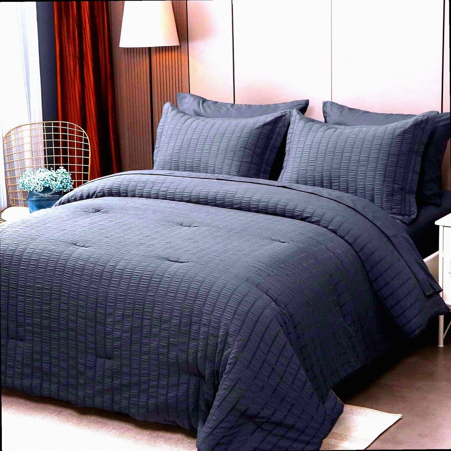 Luxury Seersucker Comforter Set - 7 Piece Bedding Bundle for Bedroom - All Season Bed in a Bag - Dark Grey Sheets, Pillowcases, Shams - Size Comforter