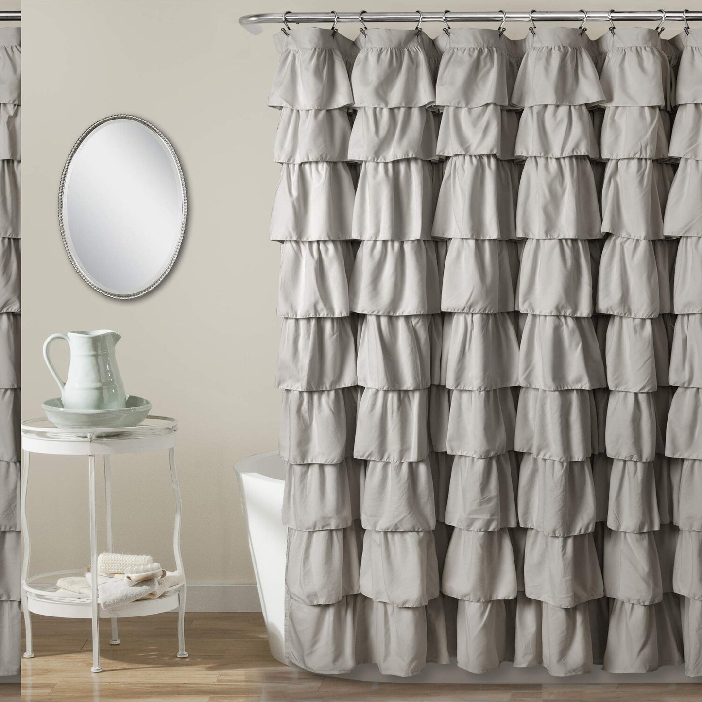 Ruffle Shower Curtain Floral Textured Light Gray 72x72