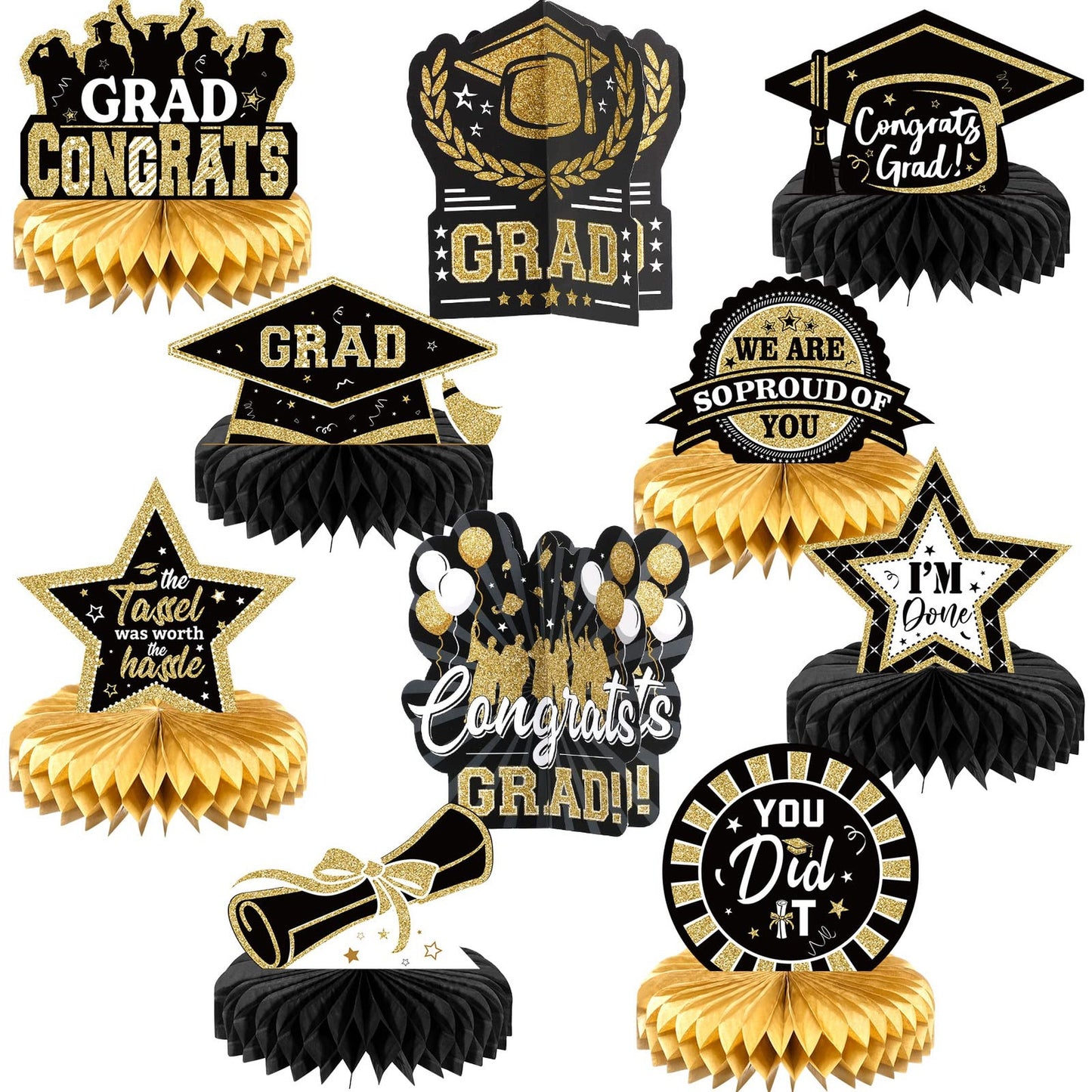 2024 Grad Party Honeycomb Centerpieces - Set of 10 Graduation Table Toppers in Gold & Black. Perfect for College & High School Grad Parties!
