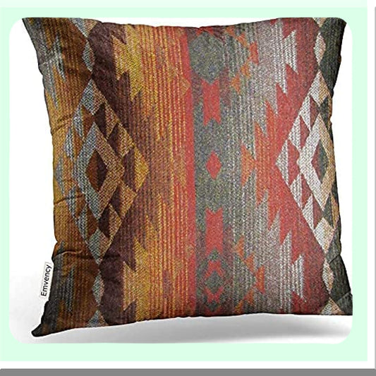 Tribal Linen Decor Pillowcase - Navajo Orange Red Grey Throw Pillow Cover - Hidden Zipper - 18x18 Inches - Bedroom Sofa Accent