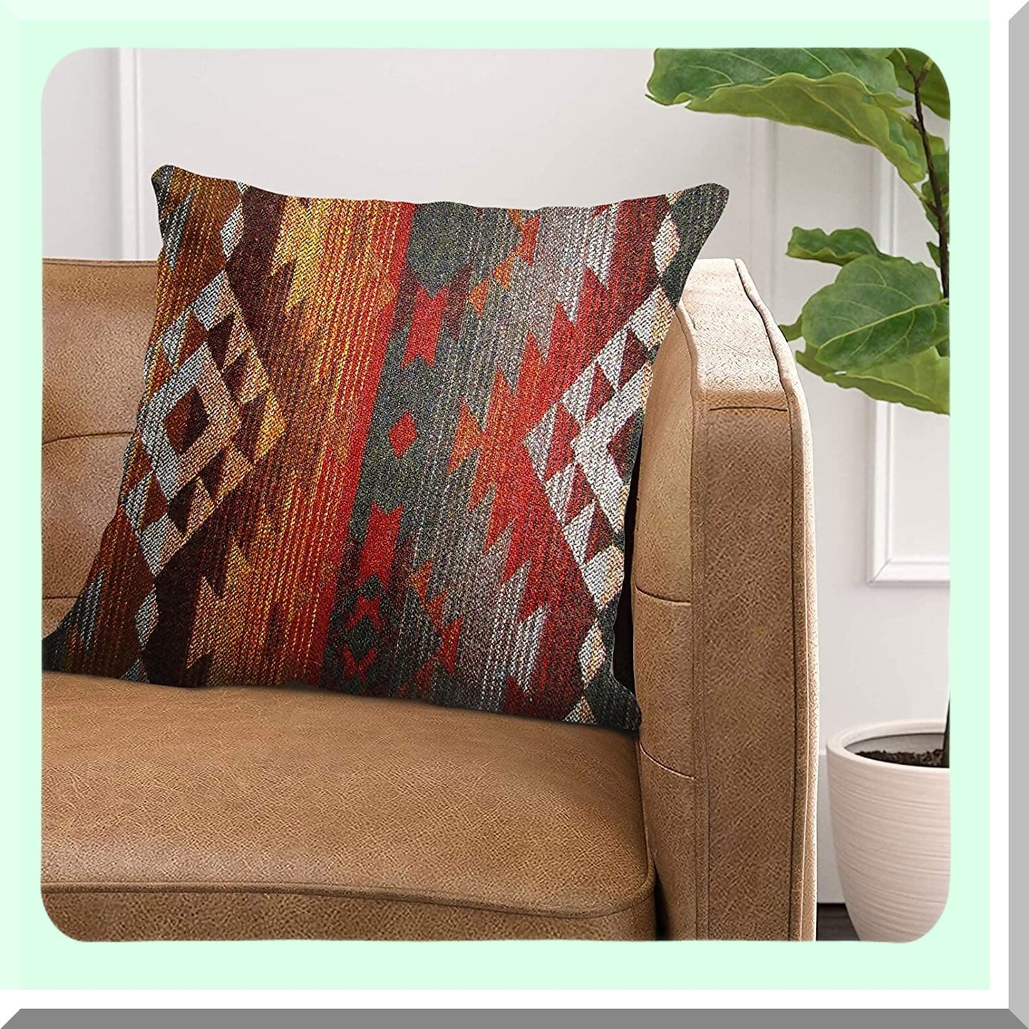 Tribal Linen Decor Pillowcase - Navajo Orange Red Grey Throw Pillow Cover - Hidden Zipper - 18x18 Inches - Bedroom Sofa Accent