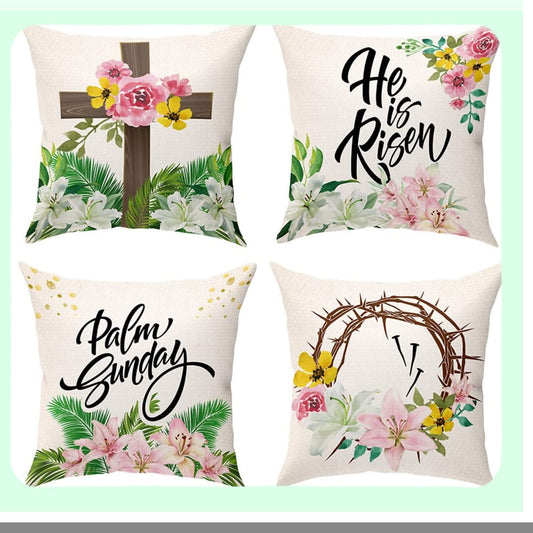 Risen Cross Thorns Decorative Pillow Covers - Religious Burlap Cushion Cases for Home Sofa Couch - 18x18 Inches Throw Pillows