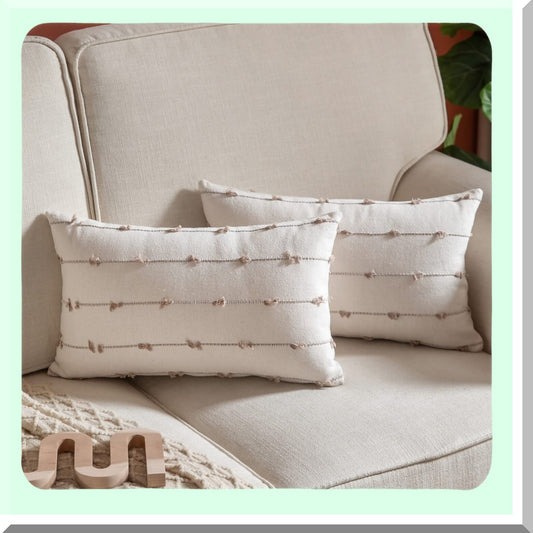 Natural Boho Farmhouse Pillow Covers - Set of 2 Beige 12x20 Inch Decorative Cushion Cases for Couch & Bed, Modern Living Room Decor