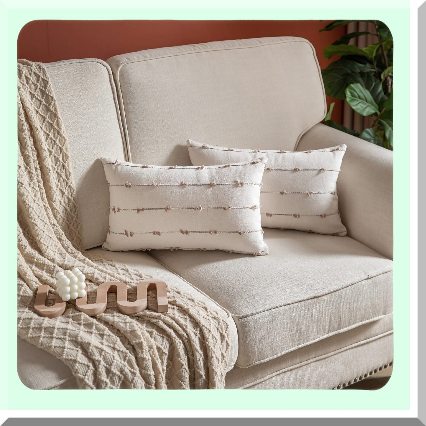 Natural Boho Farmhouse Pillow Covers - Set of 2 Beige 12x20 Inch Decorative Cushion Cases for Couch & Bed, Modern Living Room Decor