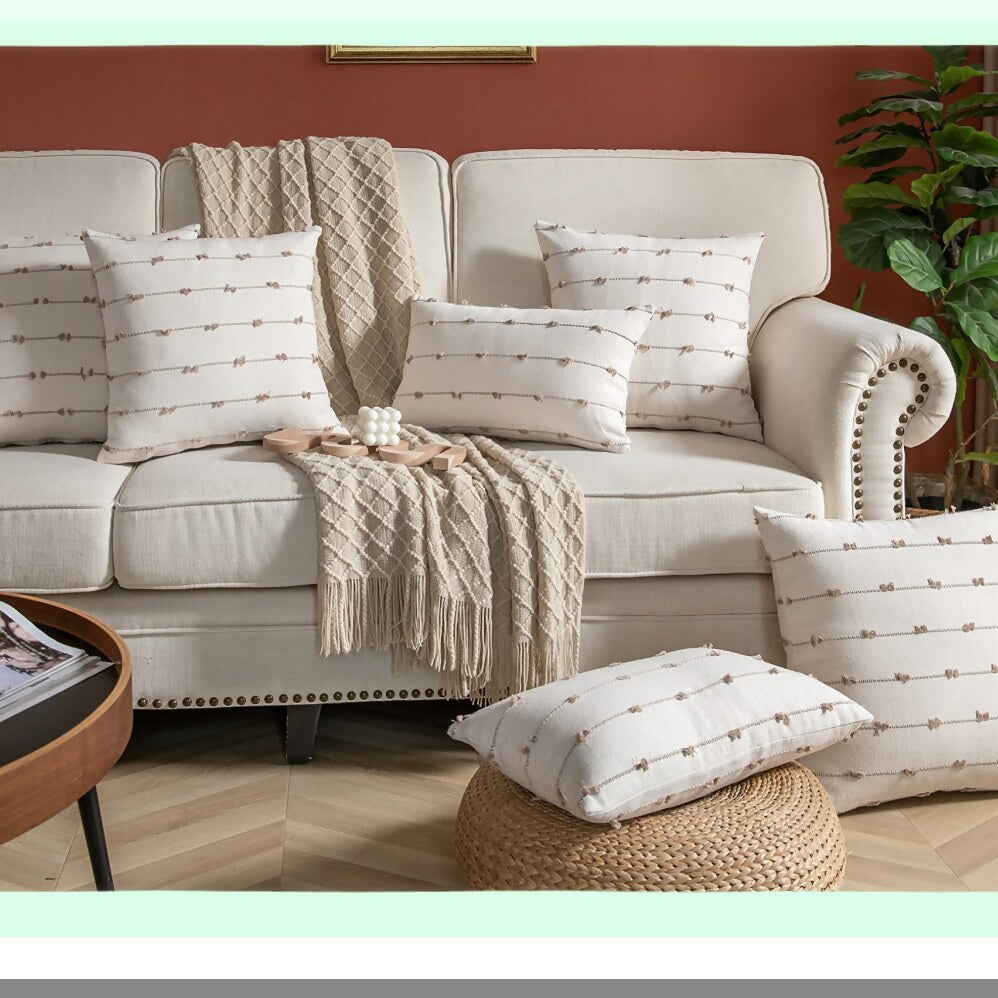 Natural Boho Farmhouse Pillow Covers - Set of 2 Beige 12x20 Inch Decorative Cushion Cases for Couch & Bed, Modern Living Room Decor