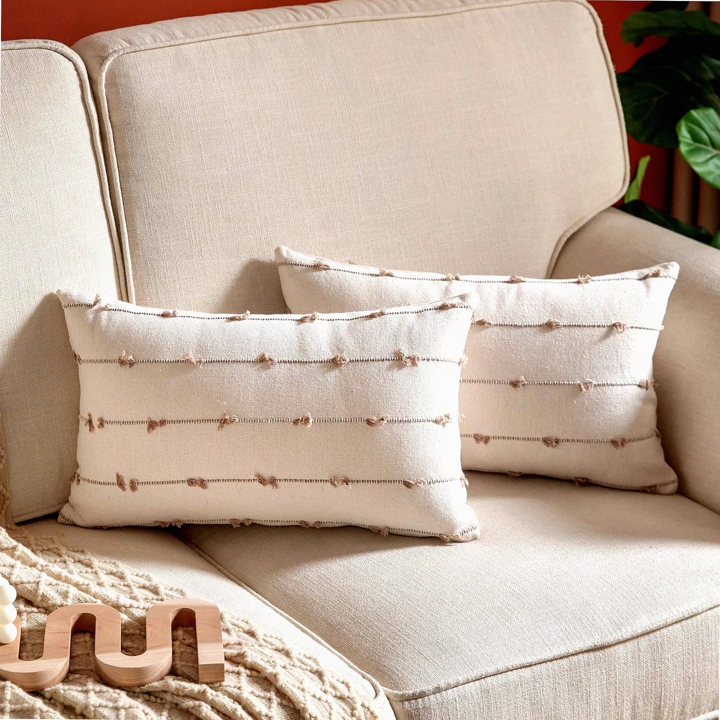 Natural Boho Farmhouse Pillow Covers - Set of 2 Beige 12x20 Inch Decorative Cushion Cases for Couch & Bed, Modern Living Room Decor