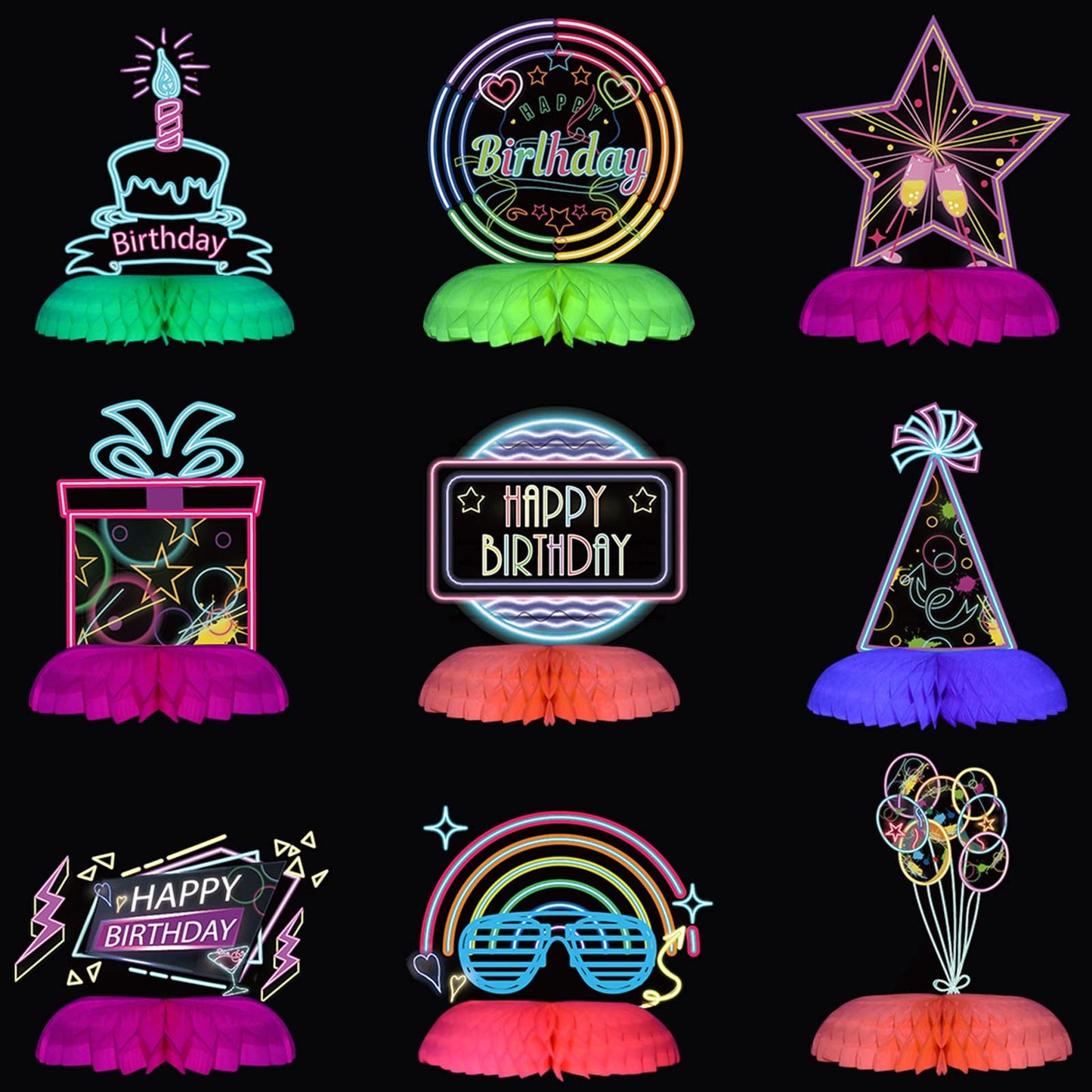 Neon Glow Party Table Toppers - 9 Pcs Fluorescent Centerpieces for Colorful Birthday Decorations. Perfect Neon Party Supplies for a Fun Celebration!
