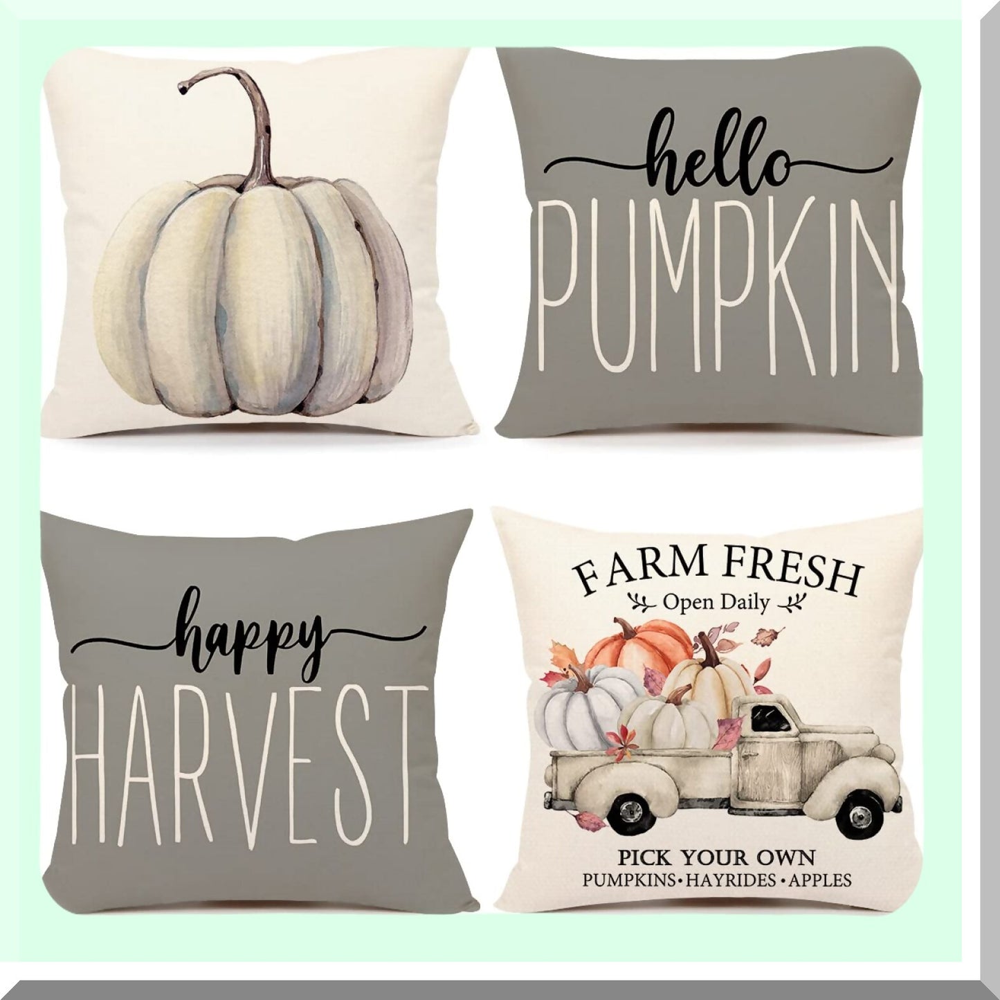 Harvest Farmhouse Pumpkin Pillow Covers - Set of 4 Gray Fall Decorations for Thanksgiving Home Decor - Farm Truck Throw Cushion Case 20x20