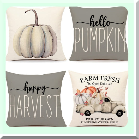 Harvest Farmhouse Pumpkin Pillow Covers - Set of 4 Gray Fall Decorations for Thanksgiving Home Decor - Farm Truck Throw Cushion Case 20x20