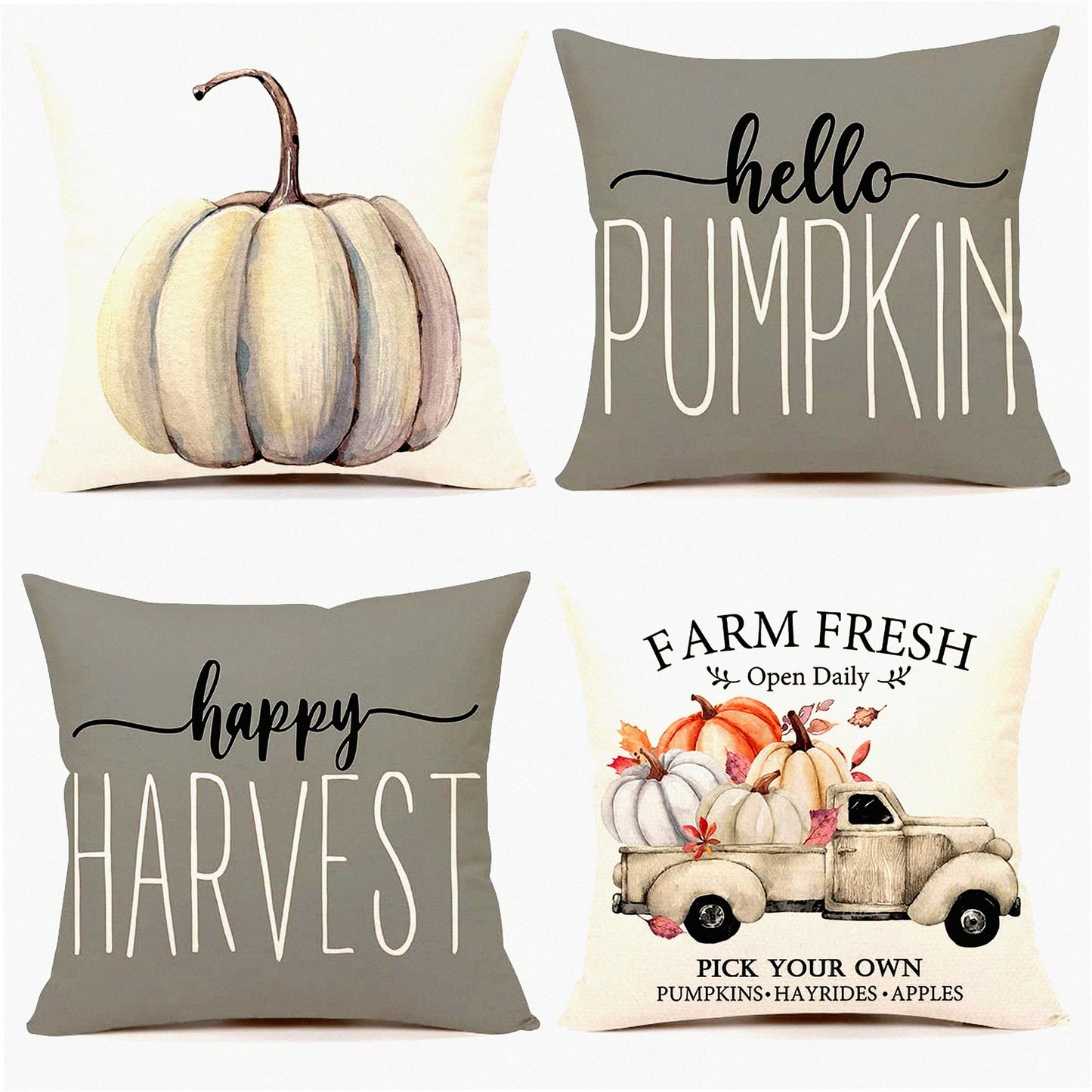 Harvest Farmhouse Pumpkin Pillow Covers - Set of 4 Gray Fall Decorations for Thanksgiving Home Decor - Farm Truck Throw Cushion Case 20x20