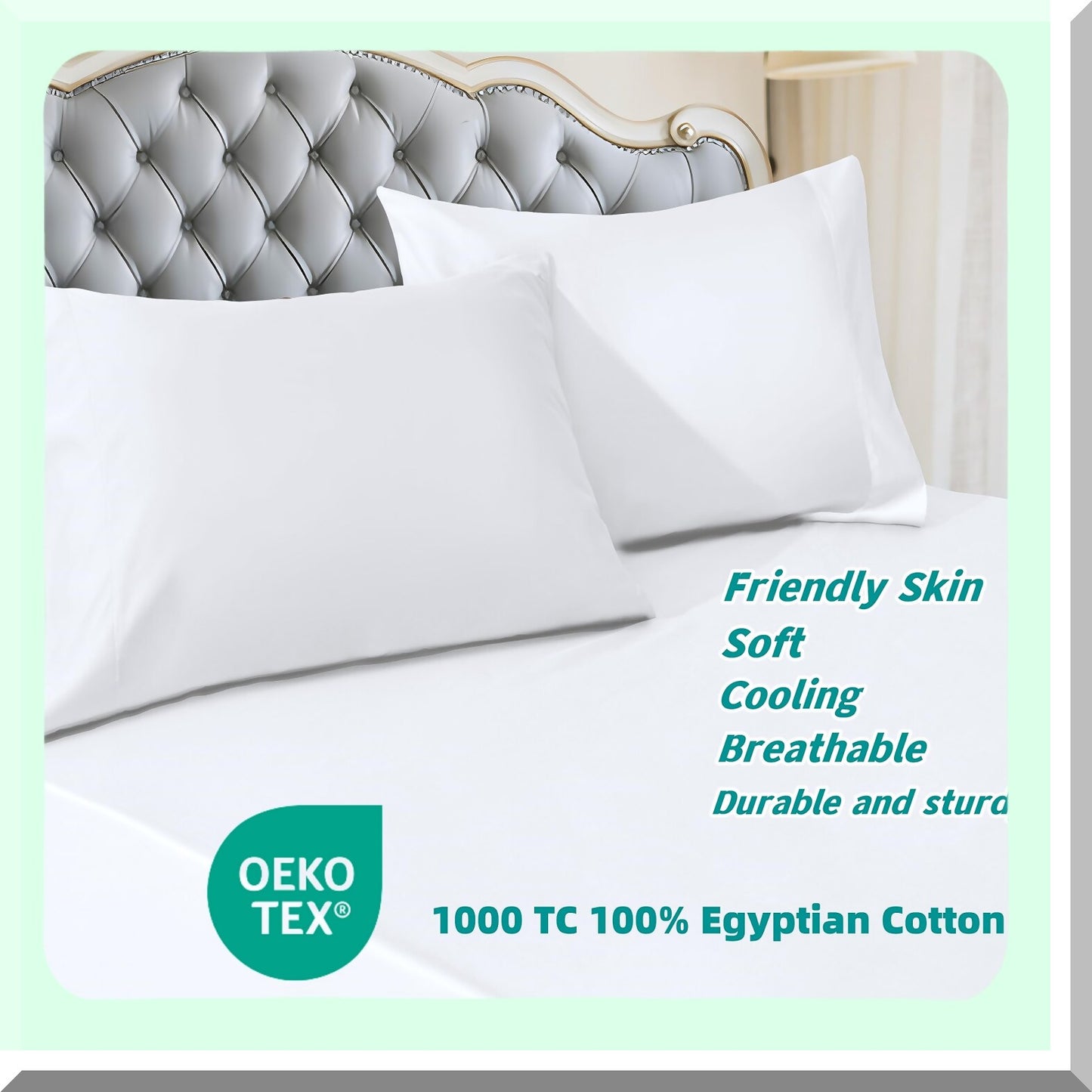 Luxury Silk Soft Pillowcase Set - 1000 Thread Count 100% Cotton, White Pattern, Envelope Closure, Bed Pillow Cover - Set of 2 (20"x36")