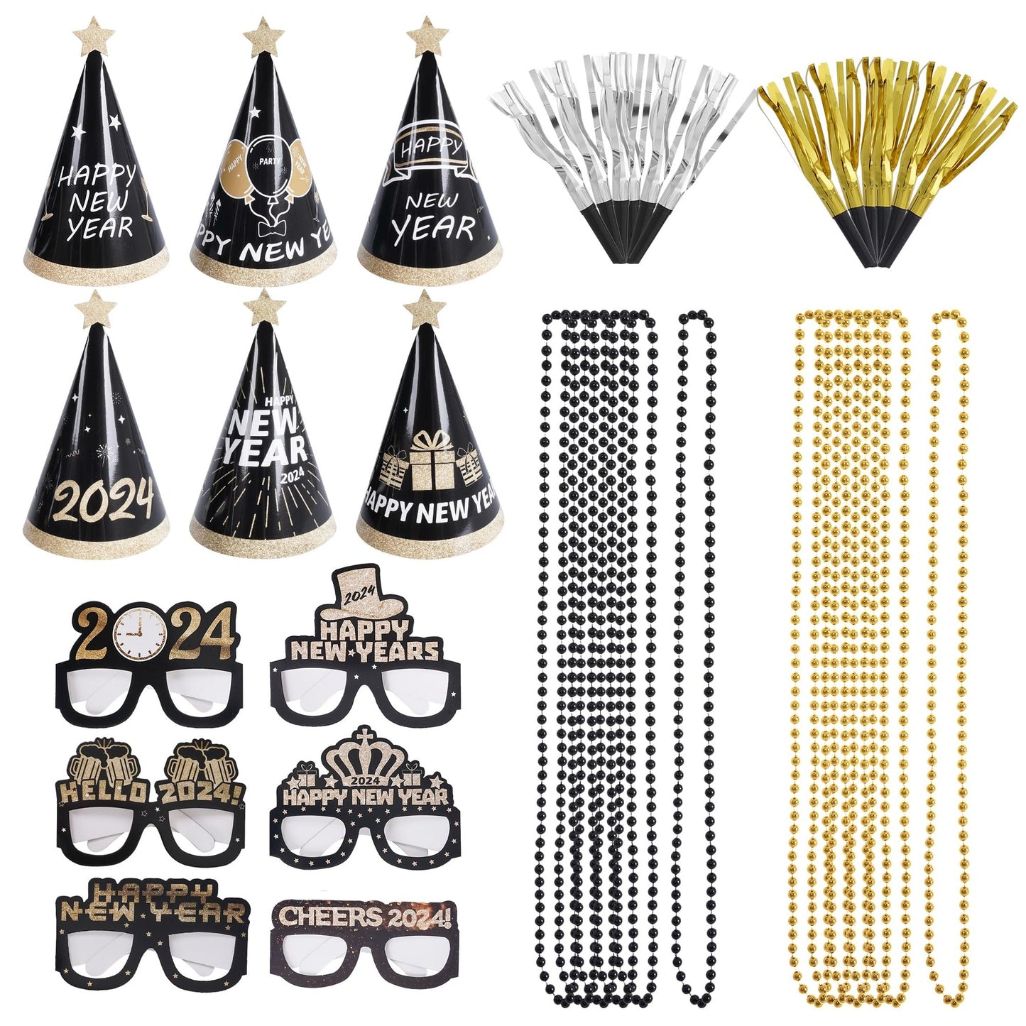 2024 Party Pack - Hats, Glasses, Necklace & Blowers | New Year's Eve Decorations & Favors | Photo Props for New Year's Party - Celebrate in Style!