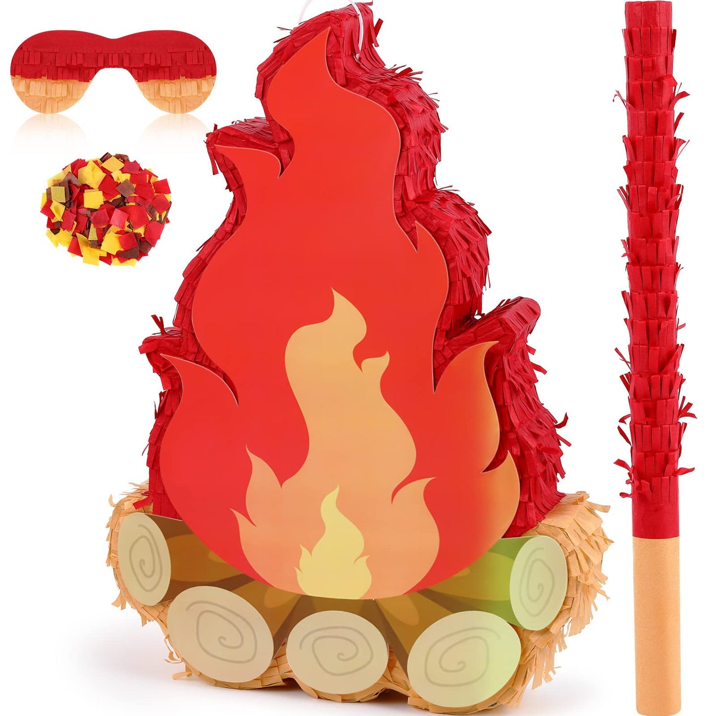 Campfire Party Pinata Set - Fun Fake Flame Decoration for Camping Adventure Birthday Parties! Includes Wooden Stick & Paper Confetti for Kids' Baby Showers.