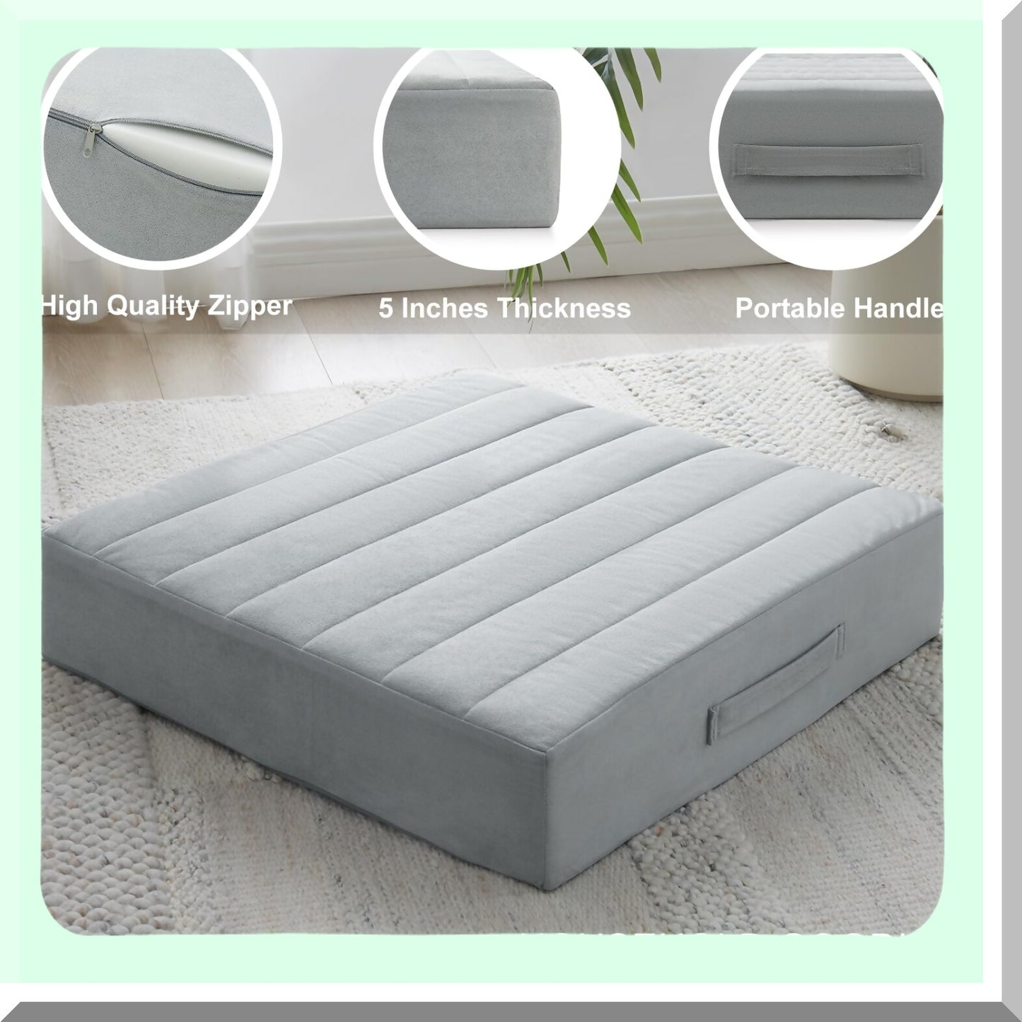 Premium Comfort Floor Cushion - Large 22" Meditation Pillow for Adults, Thick Foam Seat with Soft Tufted Cover. Ideal for Yoga, Outdoor Sitting. Light Gray Square Cushion.