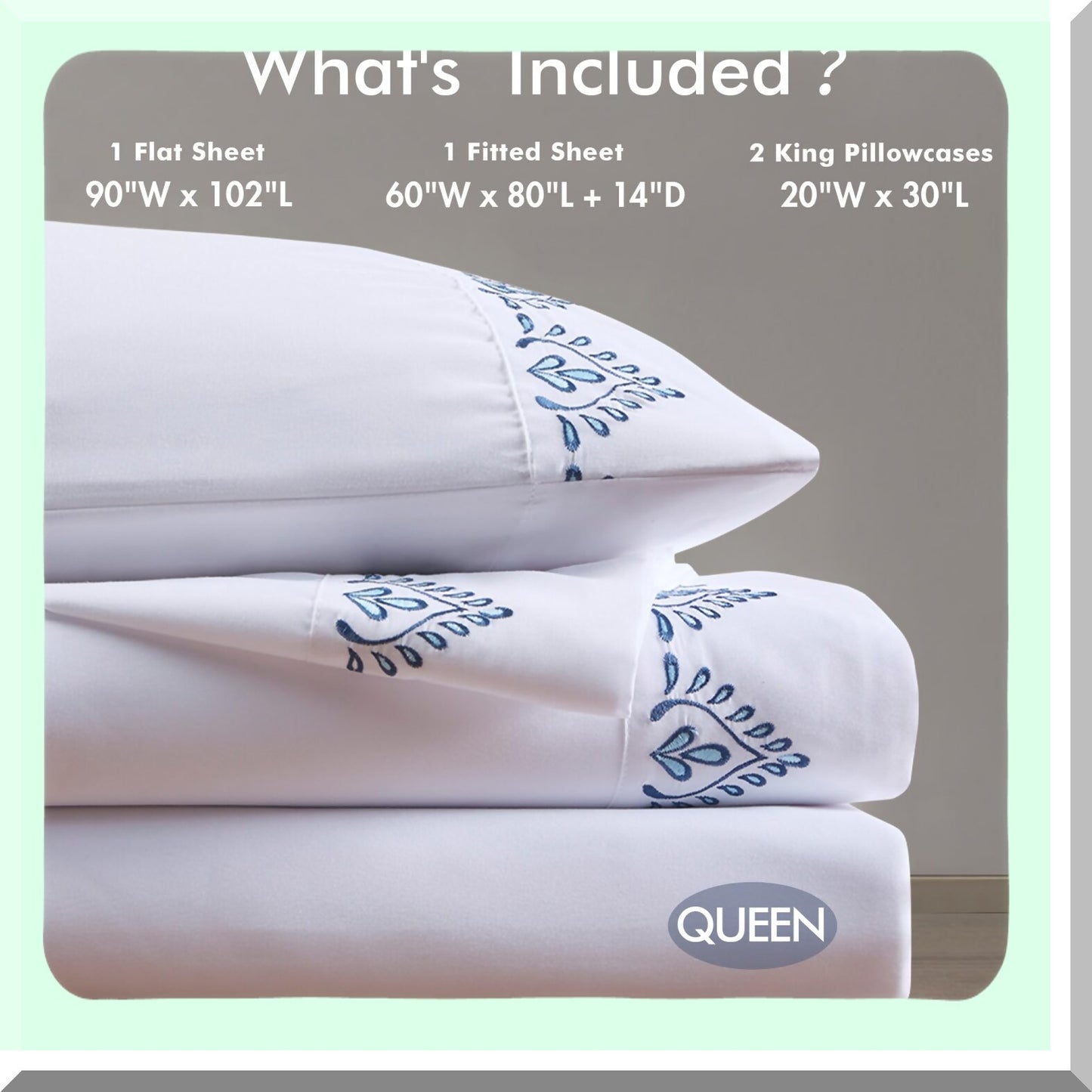 Blue Blossom Microfiber Embroidered Sheet Set - Queen Size 4 Piece Bedding with Elastic Pocket - Soft Brushed Fabric for All Seasons - Elegant Design