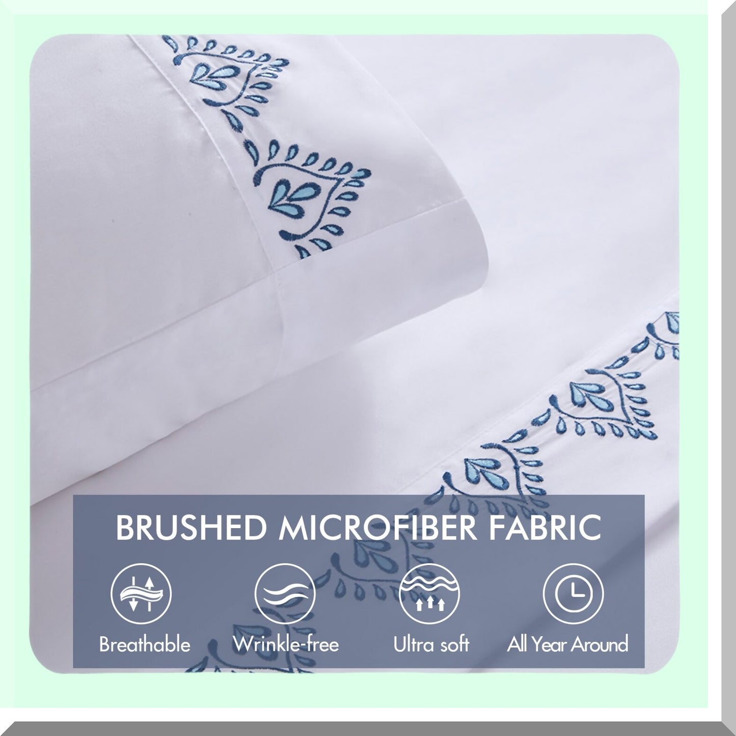 Blue Blossom Microfiber Embroidered Sheet Set - Queen Size 4 Piece Bedding with Elastic Pocket - Soft Brushed Fabric for All Seasons - Elegant Design