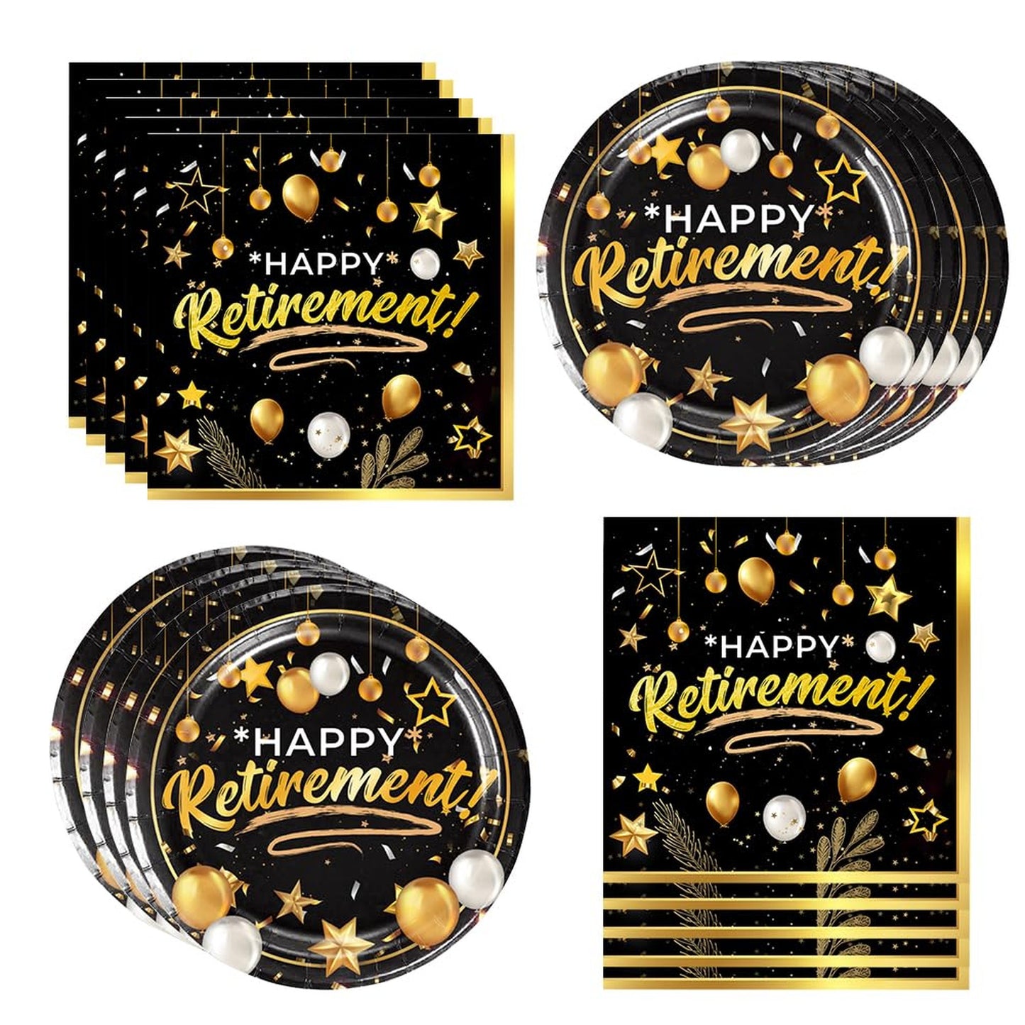 RetireMingle Party Pack - 40pc Set with Black & Gold Plates and Napkins for Retirement Celebration Decorations. Perfect for RetirementAAA!