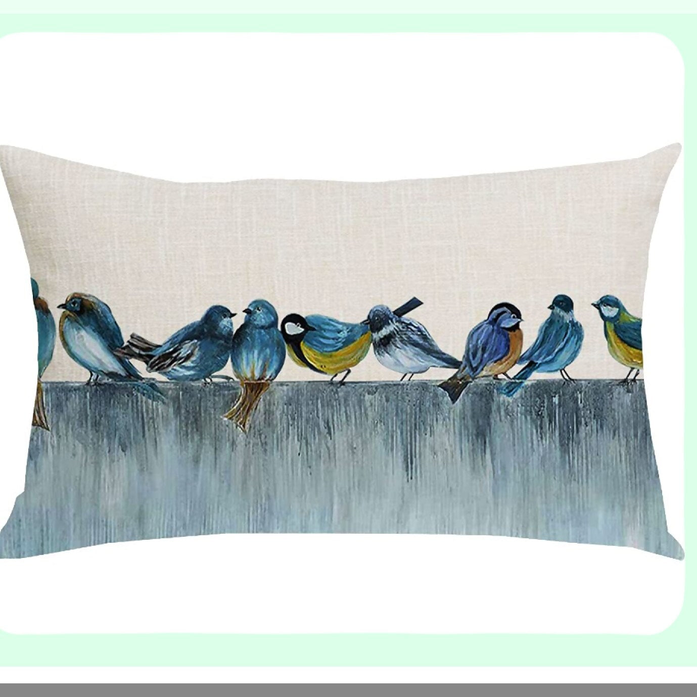 Blue Birds Spring Watercolor Pillowcase - Decorative Throw Pillow Cover for Sofa, Chair, Bed - Ink Painting Lumbar Pillow Cover - Cotton Linen Rectangular 12 x 20 Inches