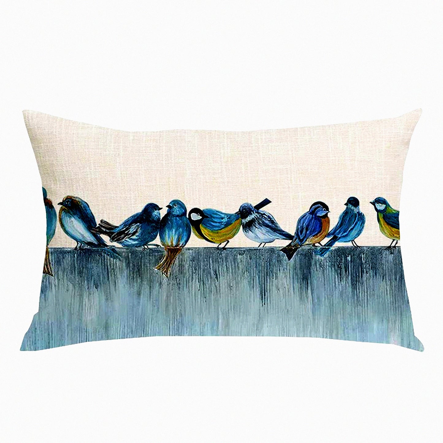 Blue Birds Spring Watercolor Pillowcase - Decorative Throw Pillow Cover for Sofa, Chair, Bed - Ink Painting Lumbar Pillow Cover - Cotton Linen Rectangular 12 x 20 Inches