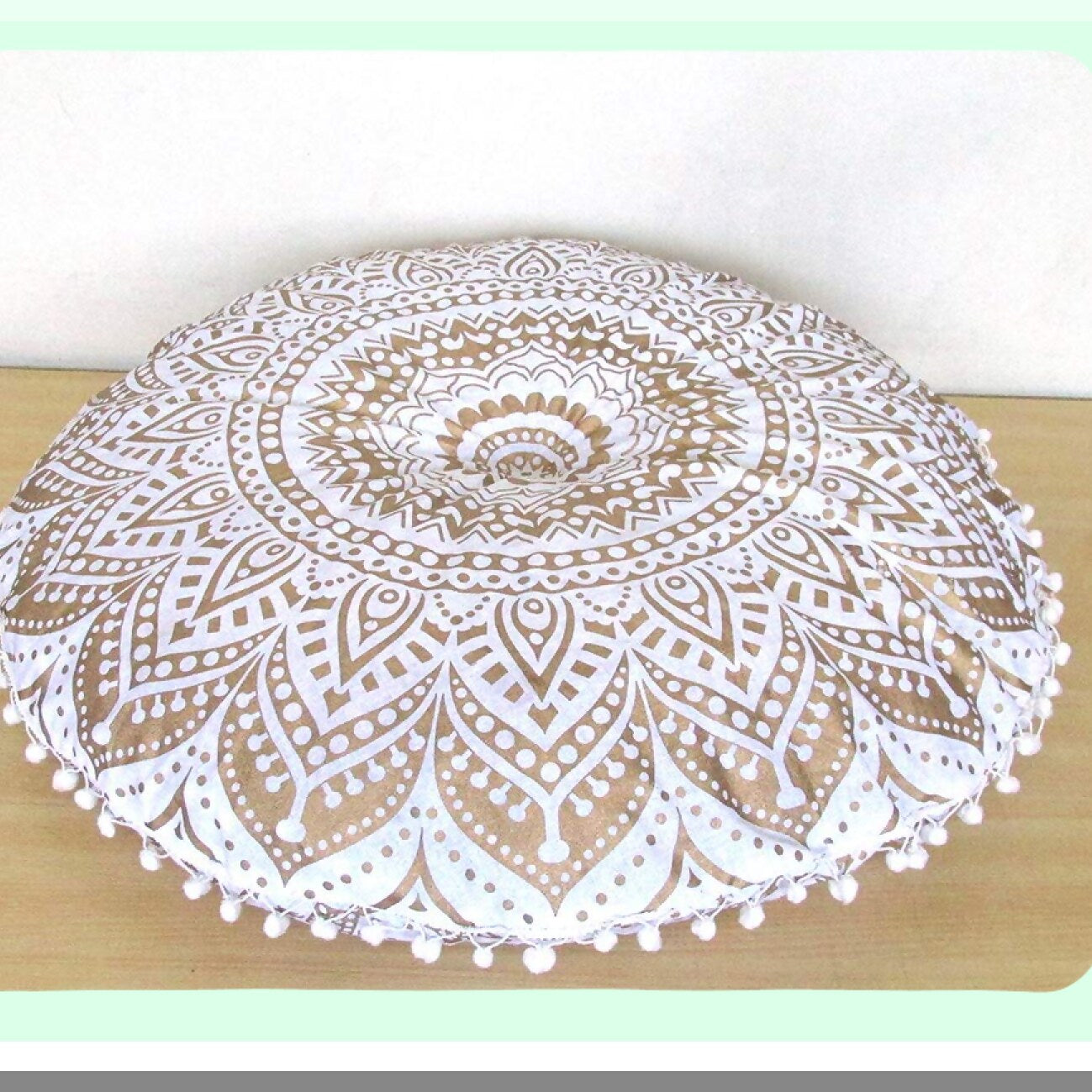 Gold Bohemian Pom Pom Floor Pillow Cover - Large Round Meditation Seating Cushion Ottoman Throw Case for Hippie Decor - Zipped White Gold Pouf