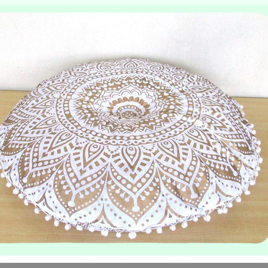 Gold Bohemian Pom Pom Floor Pillow Cover - Large Round Meditation Seating Cushion Ottoman Throw Case for Hippie Decor - Zipped White Gold Pouf