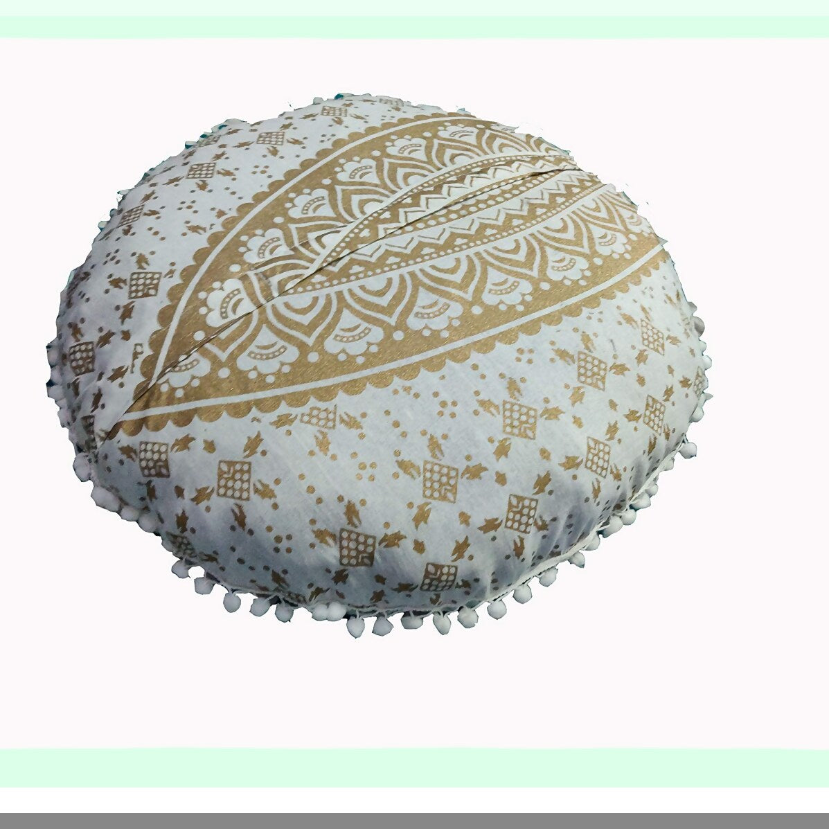 Gold Bohemian Pom Pom Floor Pillow Cover - Large Round Meditation Seating Cushion Ottoman Throw Case for Hippie Decor - Zipped White Gold Pouf