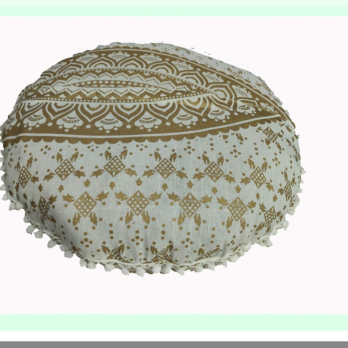Gold Bohemian Pom Pom Floor Pillow Cover - Large Round Meditation Seating Cushion Ottoman Throw Case for Hippie Decor - Zipped White Gold Pouf