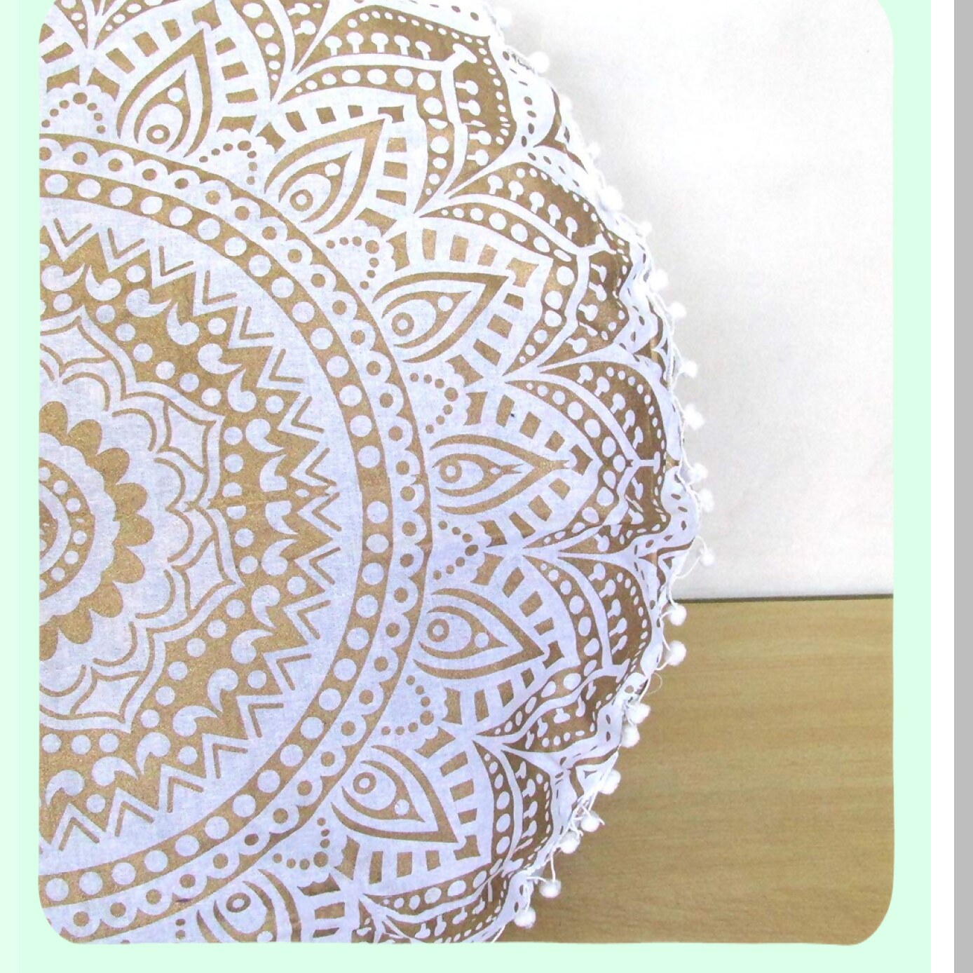 Gold Bohemian Pom Pom Floor Pillow Cover - Large Round Meditation Seating Cushion Ottoman Throw Case for Hippie Decor - Zipped White Gold Pouf