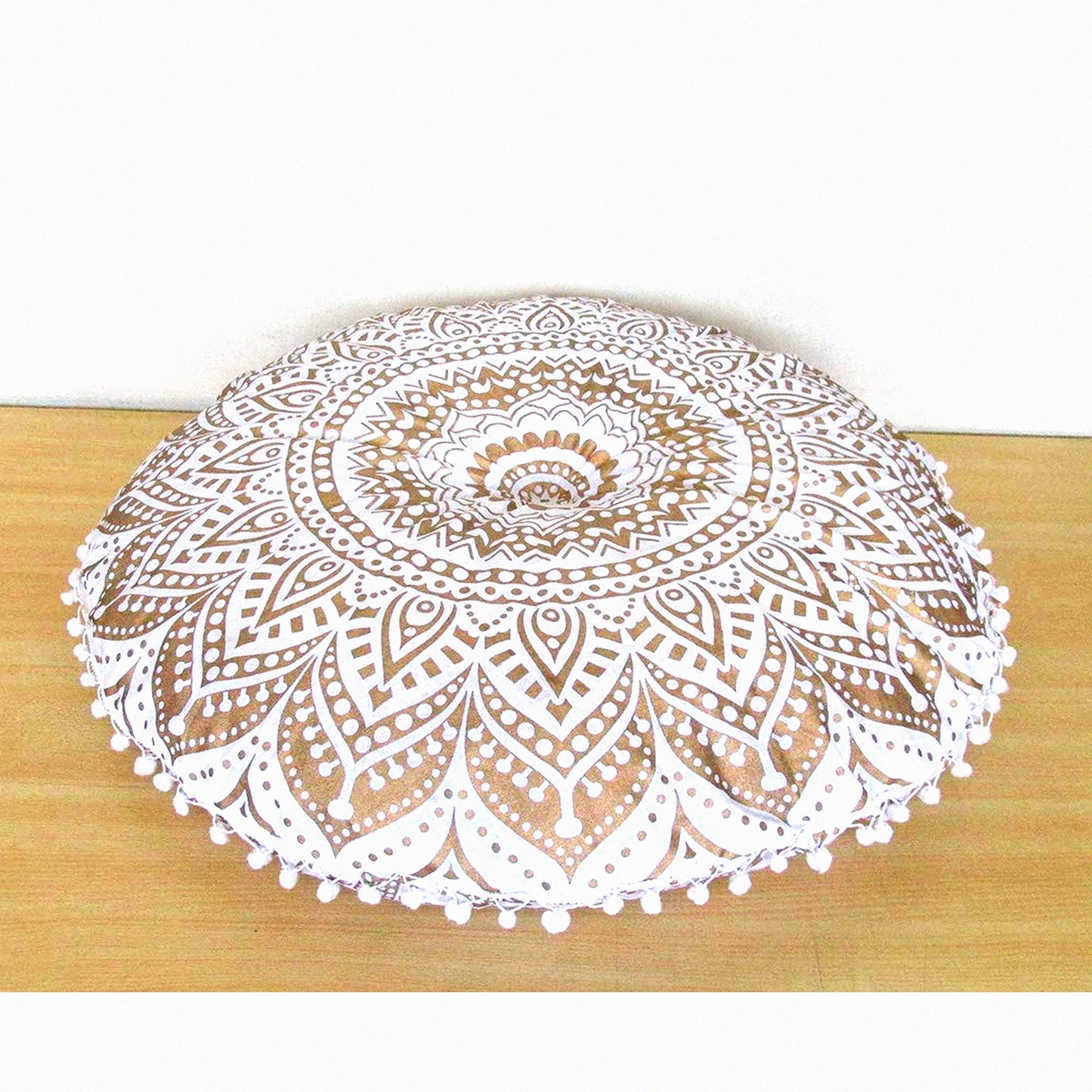 Gold Bohemian Pom Pom Floor Pillow Cover - Large Round Meditation Seating Cushion Ottoman Throw Case for Hippie Decor - Zipped White Gold Pouf
