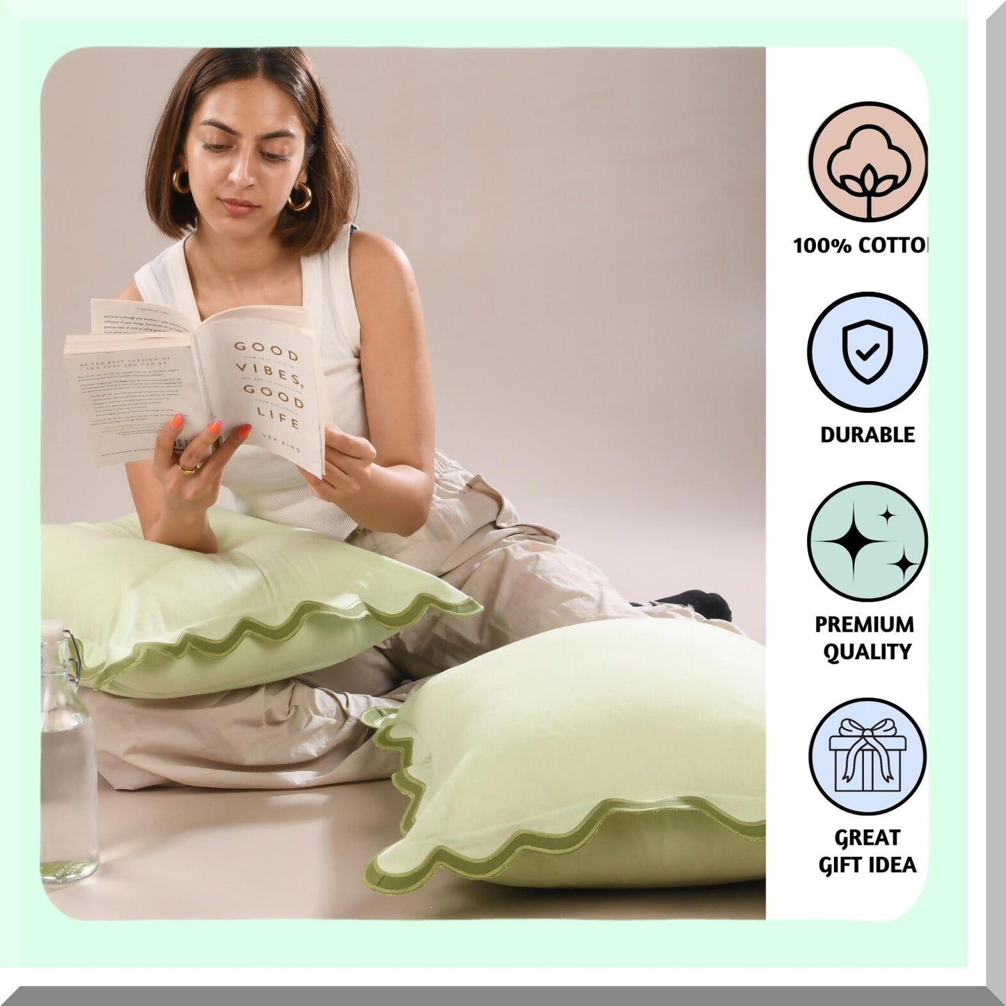 Boho Flower Decorative Pillow Covers - 18x18 Cotton Couch Pillows - Cute Outdoor Throw Pillows - Preppy Forest Sage Throws - Living Room Accessories