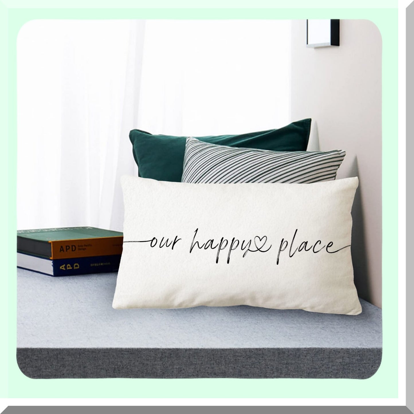 Happy Home Farmhouse Pillowcase - Rustic Decor 12x20 - Housewarming & Love Gifts - Family Farmhouse Theme - Our Happy Place Quote - Throw Pillow Cover