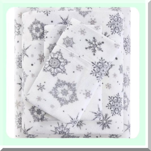 WinterDreams Plush Fleece Sheet Set - Twin Size - Deep Pocket Fitted Sheets - Snowflake Boho Design - Cozy Bedding for Cold Nights - 3 Piece Set