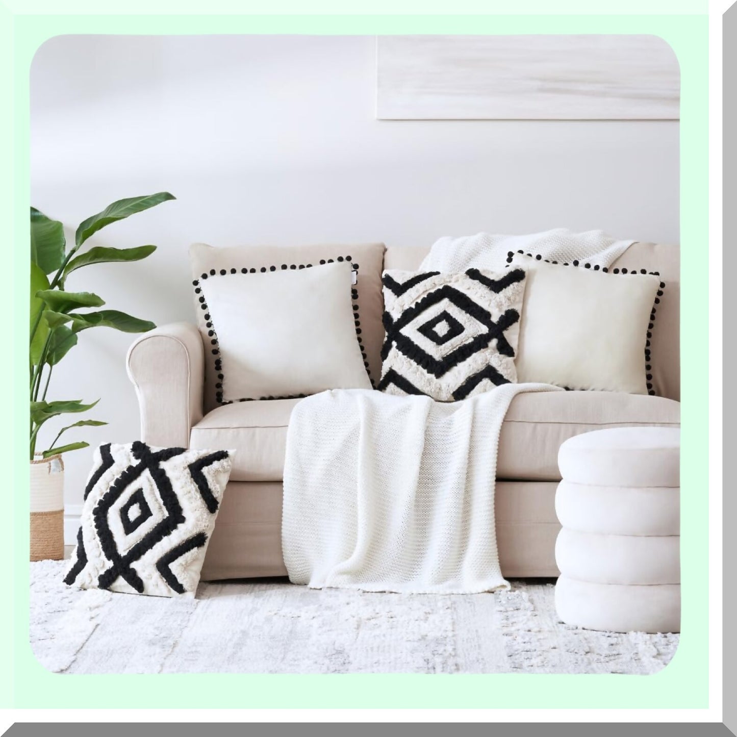 Boho Chic Velvet Pom Pom Throw Pillow Set - Black Cream 18x18 Decorative Couch Pillows with Tufted Linen Designs - Set of 4