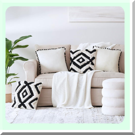 Boho Chic Velvet Pom Pom Throw Pillow Set - Black Cream 18x18 Decorative Couch Pillows with Tufted Linen Designs - Set of 4