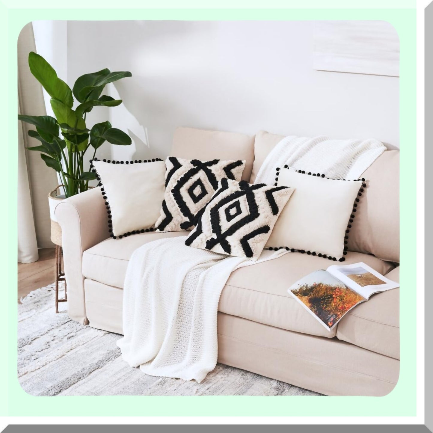 Boho Chic Velvet Pom Pom Throw Pillow Set - Black Cream 18x18 Decorative Couch Pillows with Tufted Linen Designs - Set of 4