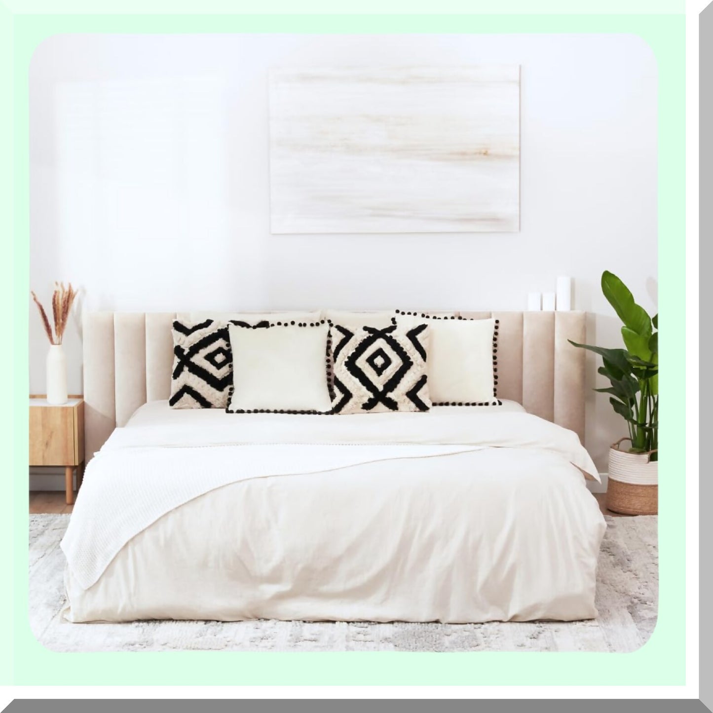 Boho Chic Velvet Pom Pom Throw Pillow Set - Black Cream 18x18 Decorative Couch Pillows with Tufted Linen Designs - Set of 4