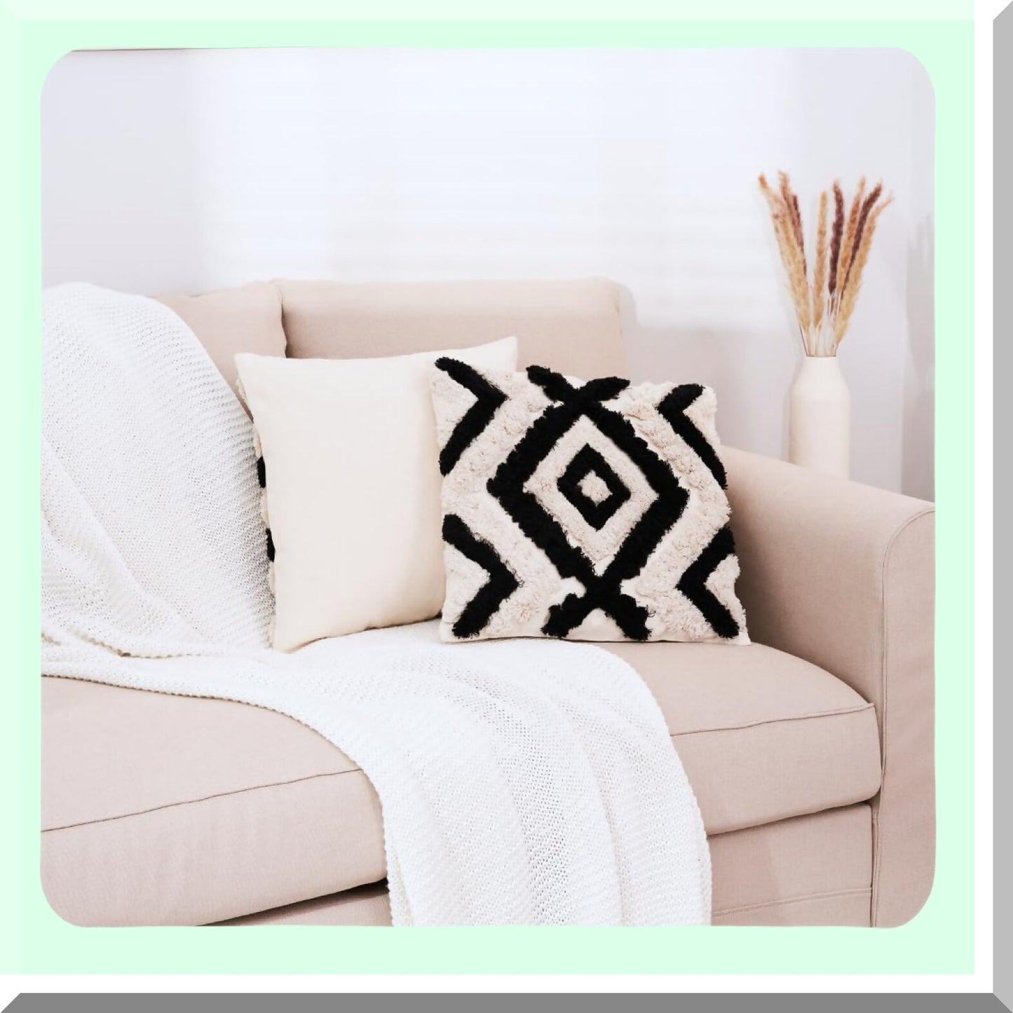 Boho Chic Velvet Pom Pom Throw Pillow Set - Black Cream 18x18 Decorative Couch Pillows with Tufted Linen Designs - Set of 4