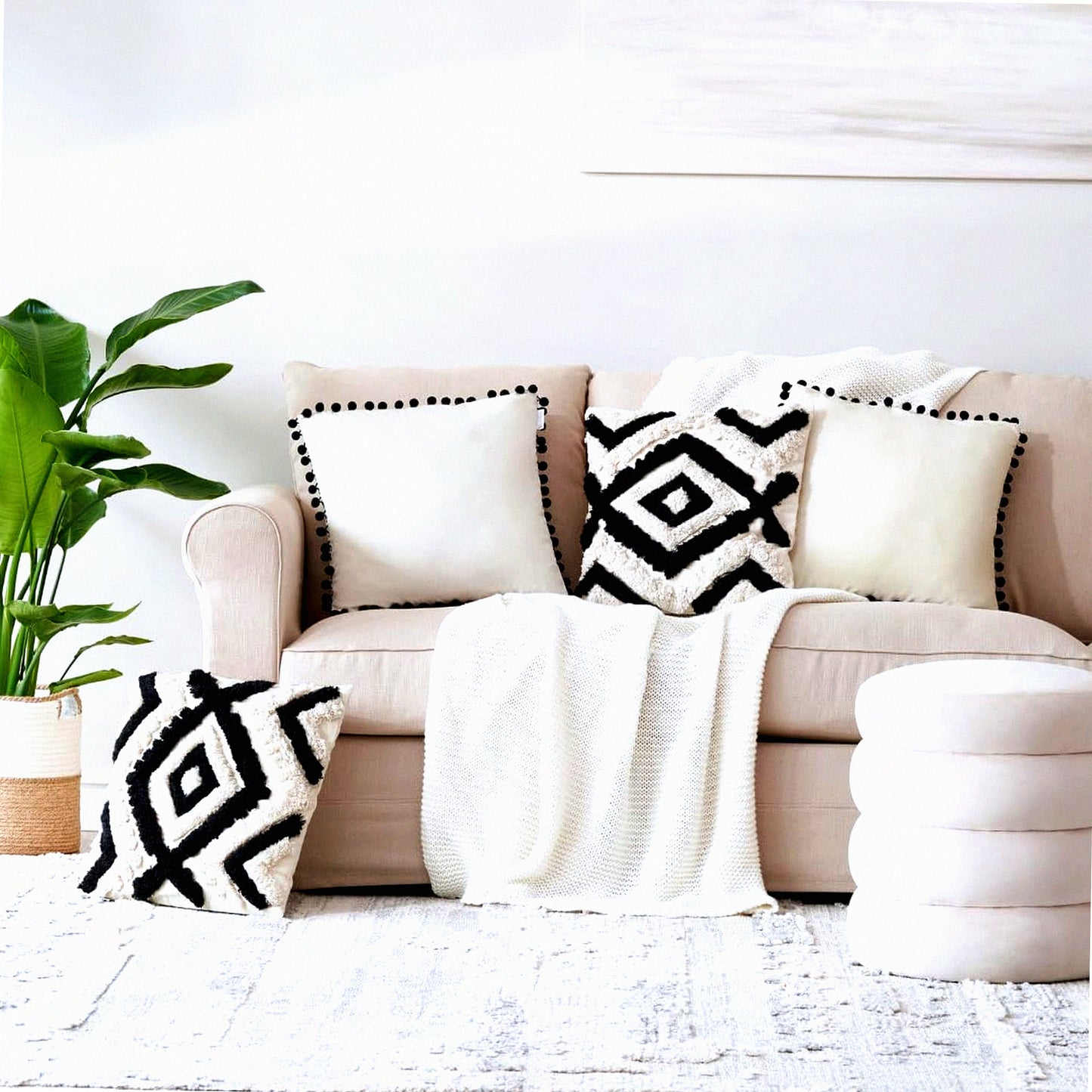 Boho Chic Velvet Pom Pom Throw Pillow Set - Black Cream 18x18 Decorative Couch Pillows with Tufted Linen Designs - Set of 4