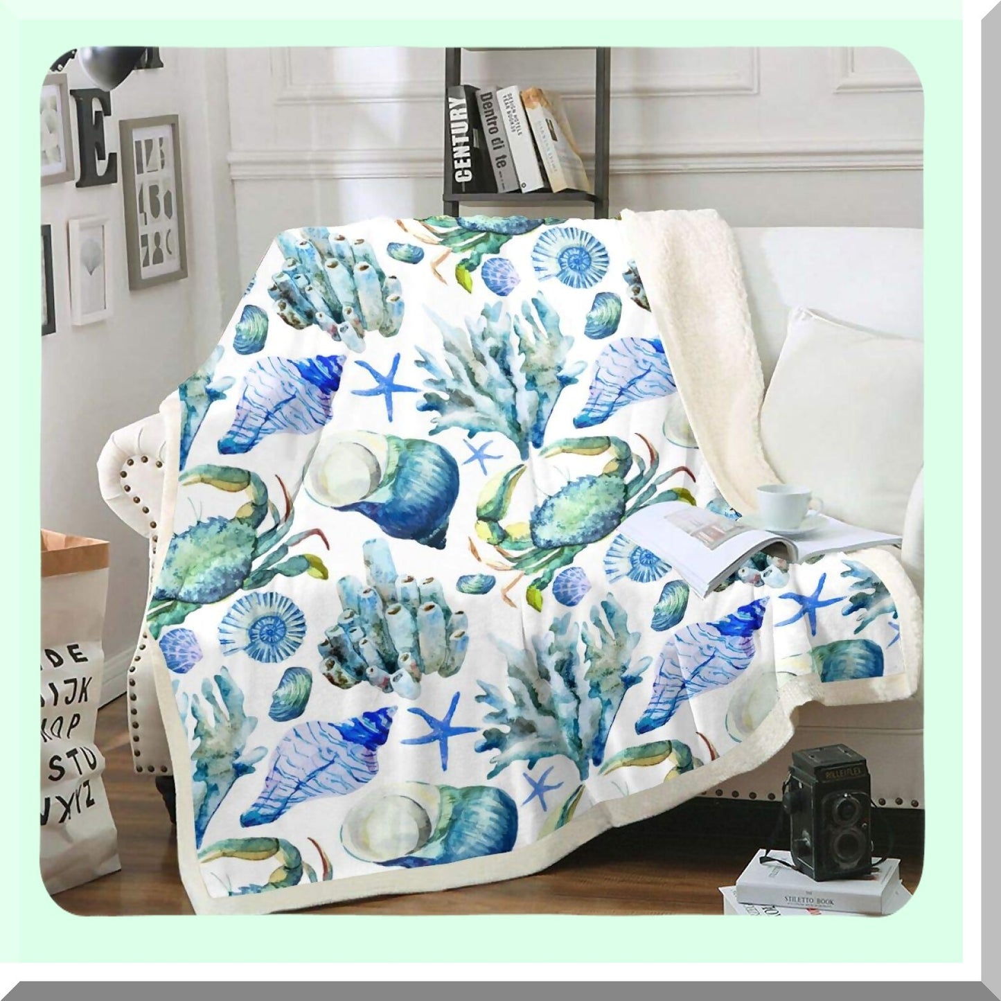 OceanDreams Ultra Soft Marine-Themed Sherpa Blanket - Starfish, Shell, Coral, Crab Print - Cozy Fleece Throw for Sofa, Couch, Bed - 30x40 Inch Baby Blanket
