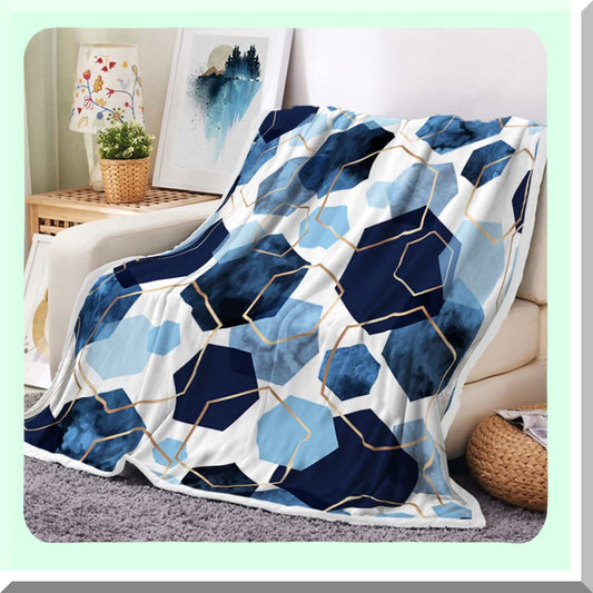 Modern Geometric Navy Gold Plush Throw Blanket - Mid Century Soft Fleece, 50x60IN