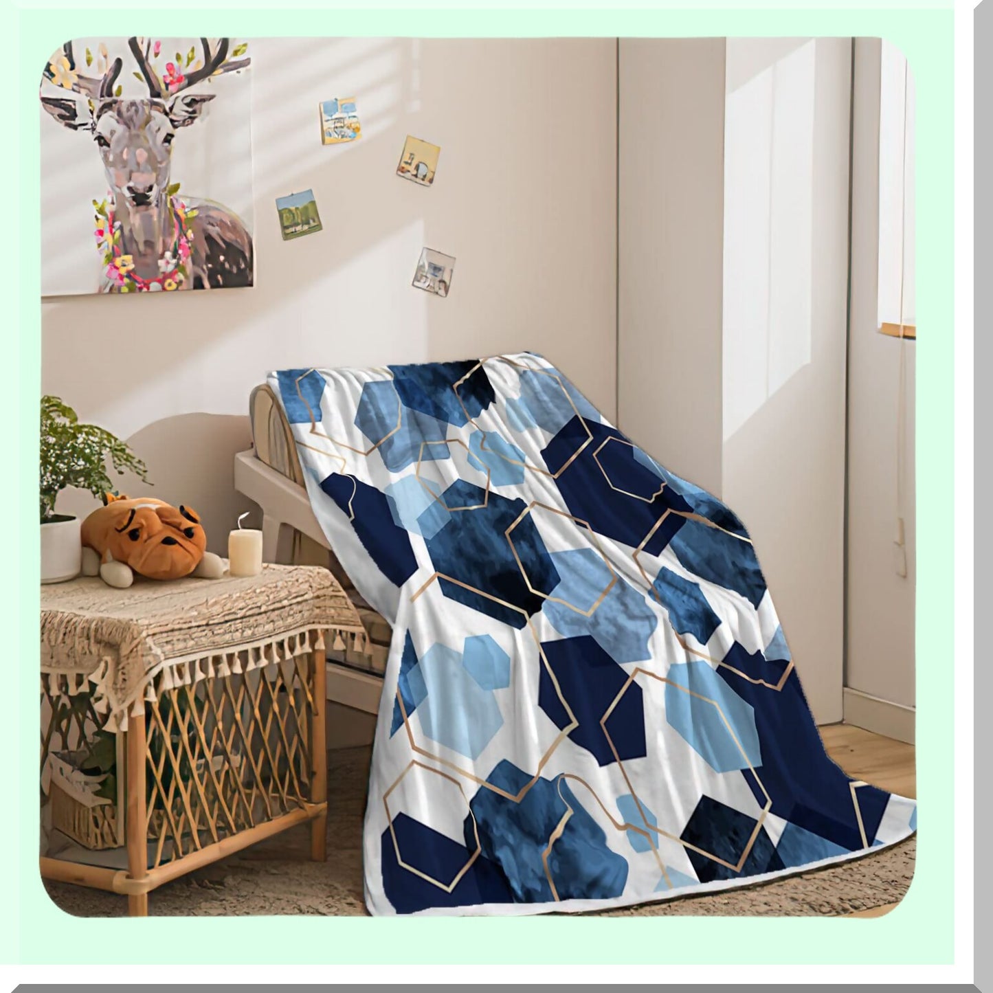 Modern Geometric Navy Gold Plush Throw Blanket - Mid Century Soft Fleece, 50x60IN