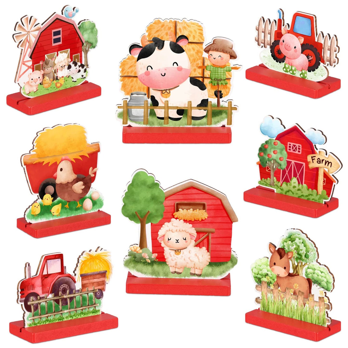 Farmyard Fun Tabletop Set - 8 Piece Farm Theme Party Supplies with Wooden Centerpiece, 3D Animal Shapes, and Cute Farm Creatures for Baby Showers and Birthdays