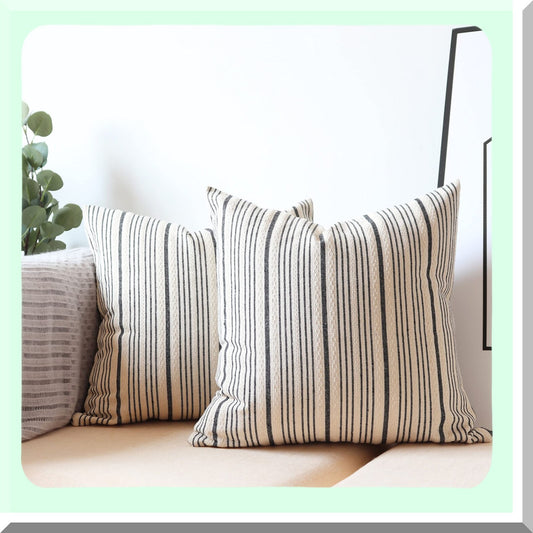 Farmhouse Stripe Linen Pillow Covers - Set of 2 Decorative Throw Pillows for Couch Sofa Bed - Black Cream Square 16x16 - Farmhouse Decor