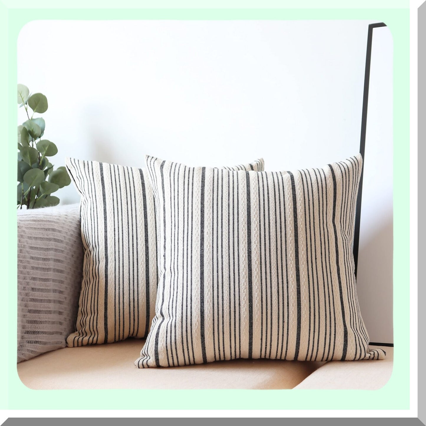 Farmhouse Stripe Linen Pillow Covers - Set of 2 Decorative Throw Pillows for Couch Sofa Bed - Black Cream Square 16x16 - Farmhouse Decor