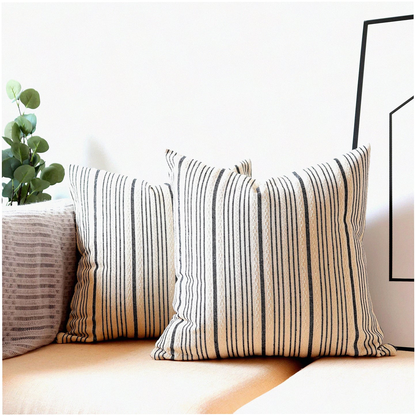 Farmhouse Stripe Linen Pillow Covers - Set of 2 Decorative Throw Pillows for Couch Sofa Bed - Black Cream Square 16x16 - Farmhouse Decor