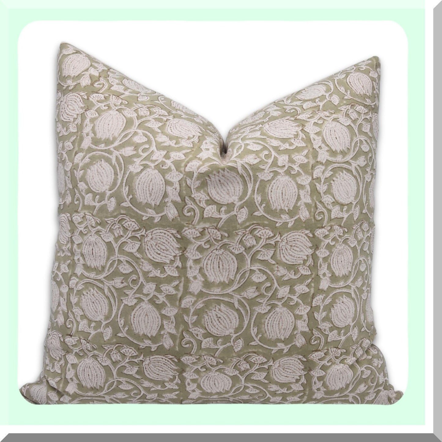 Boho Block Print Duck Canvas Cotton Throw Pillow Covers - Set of 6 Kamal, Light Green - 22x22 Home Decor Accents